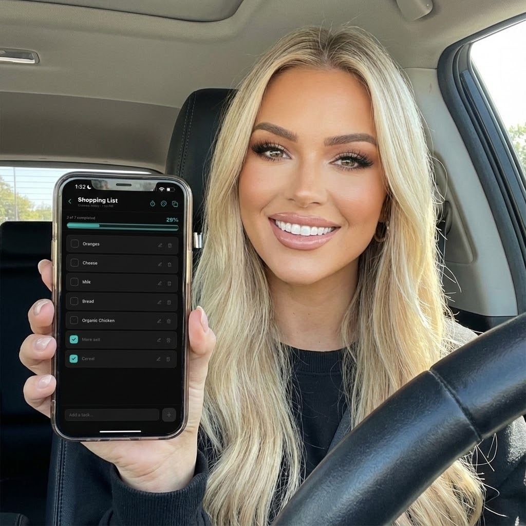 Person using TaskPop shopping list in car